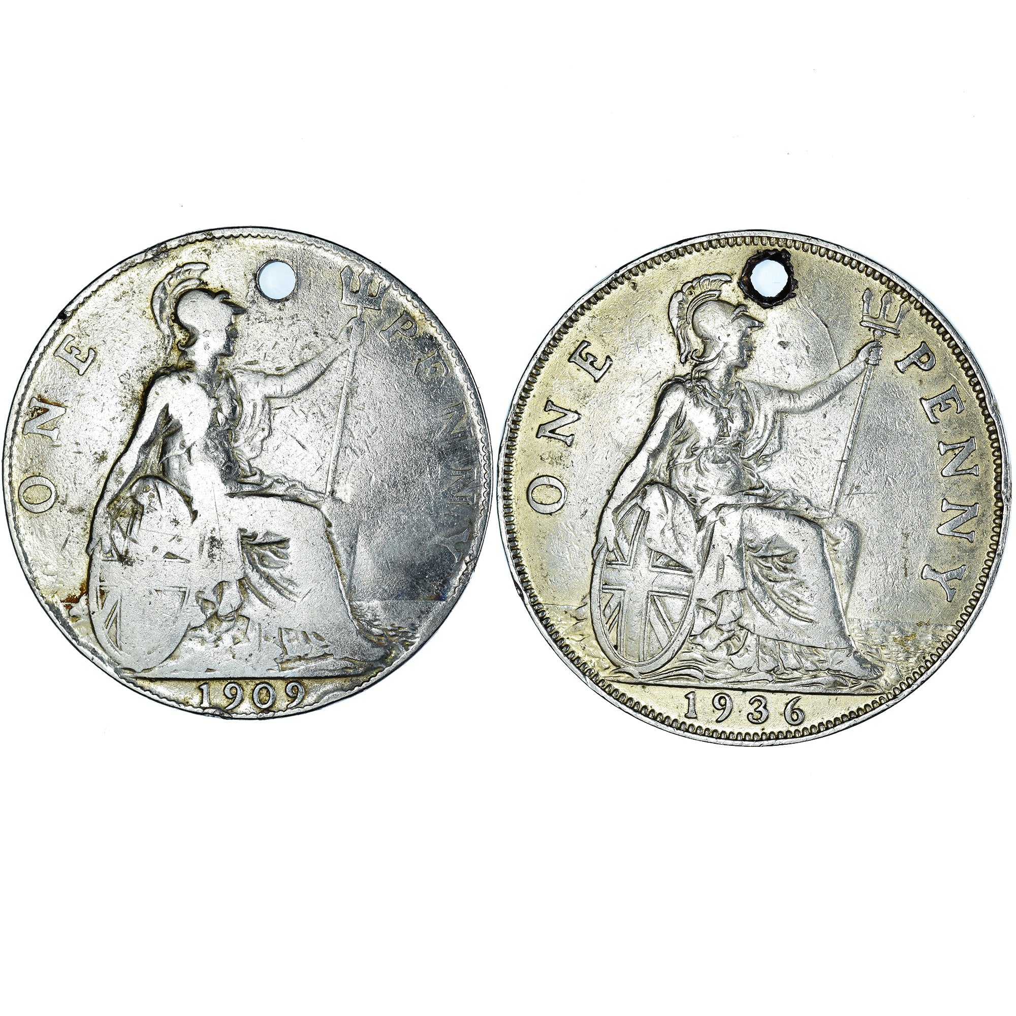 Moneda, Reino Unido, pair of penny earrings, 1909 & 1936, Silver-plated, BC+