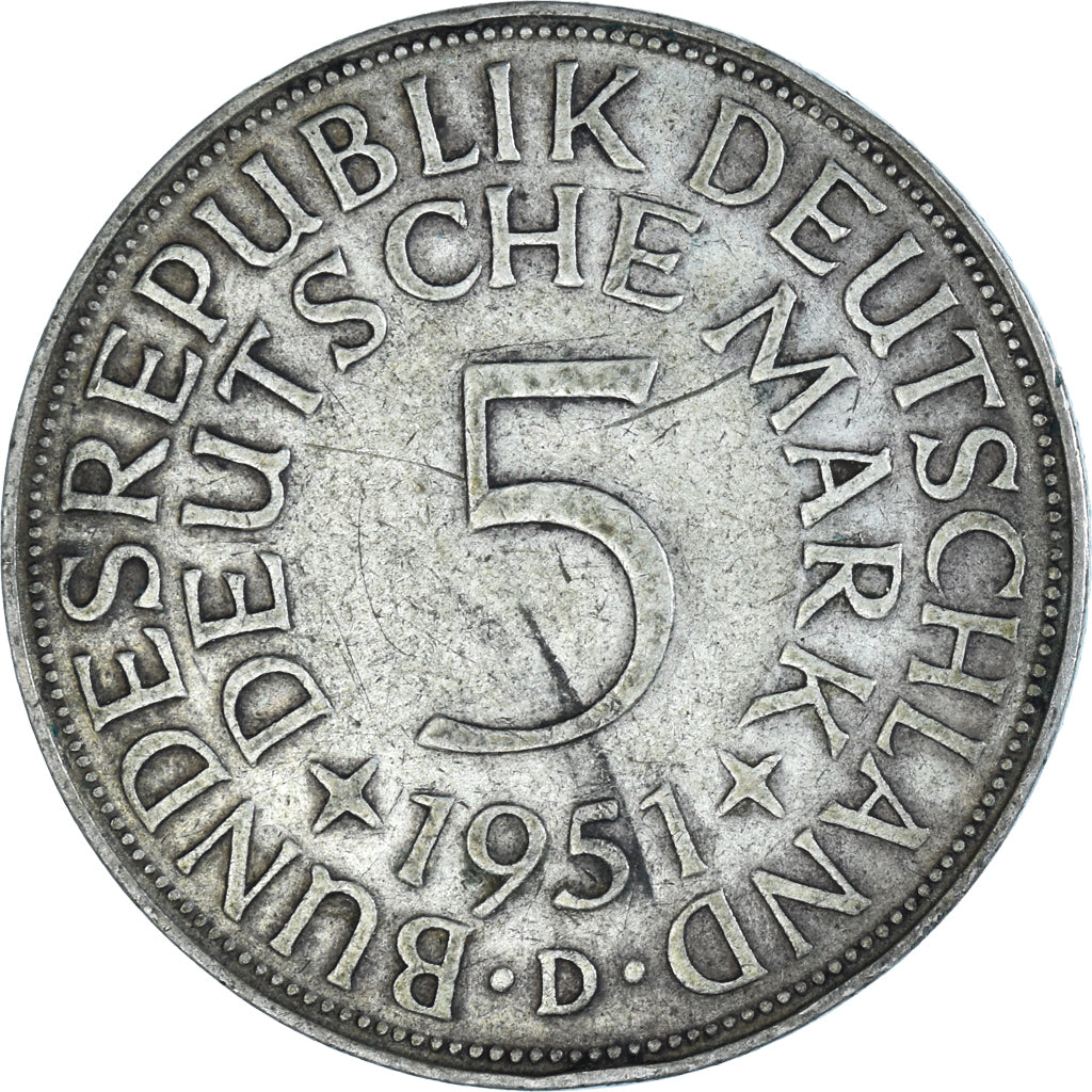 Coin, GERMANY - FEDERAL REPUBLIC, 5 Mark, 1951, Munich, EF(40-45), Silver