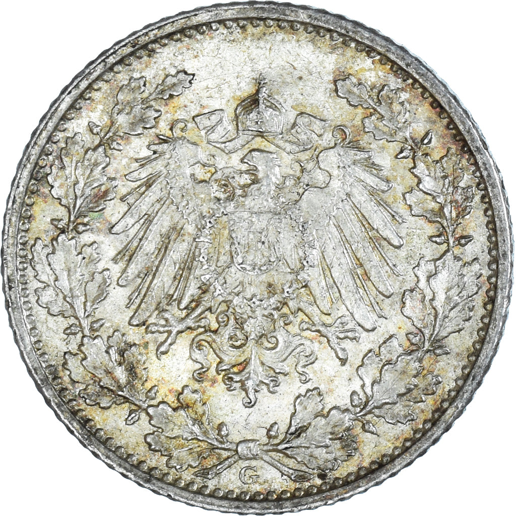 Coin, GERMANY - EMPIRE, 1/2 Mark, 1915, Karlsruhe, AU(50-53), Silver, KM:17