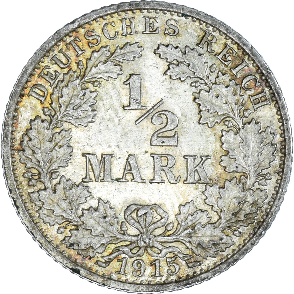 Coin, GERMANY - EMPIRE, 1/2 Mark, 1915, Karlsruhe, AU(50-53), Silver, KM:17