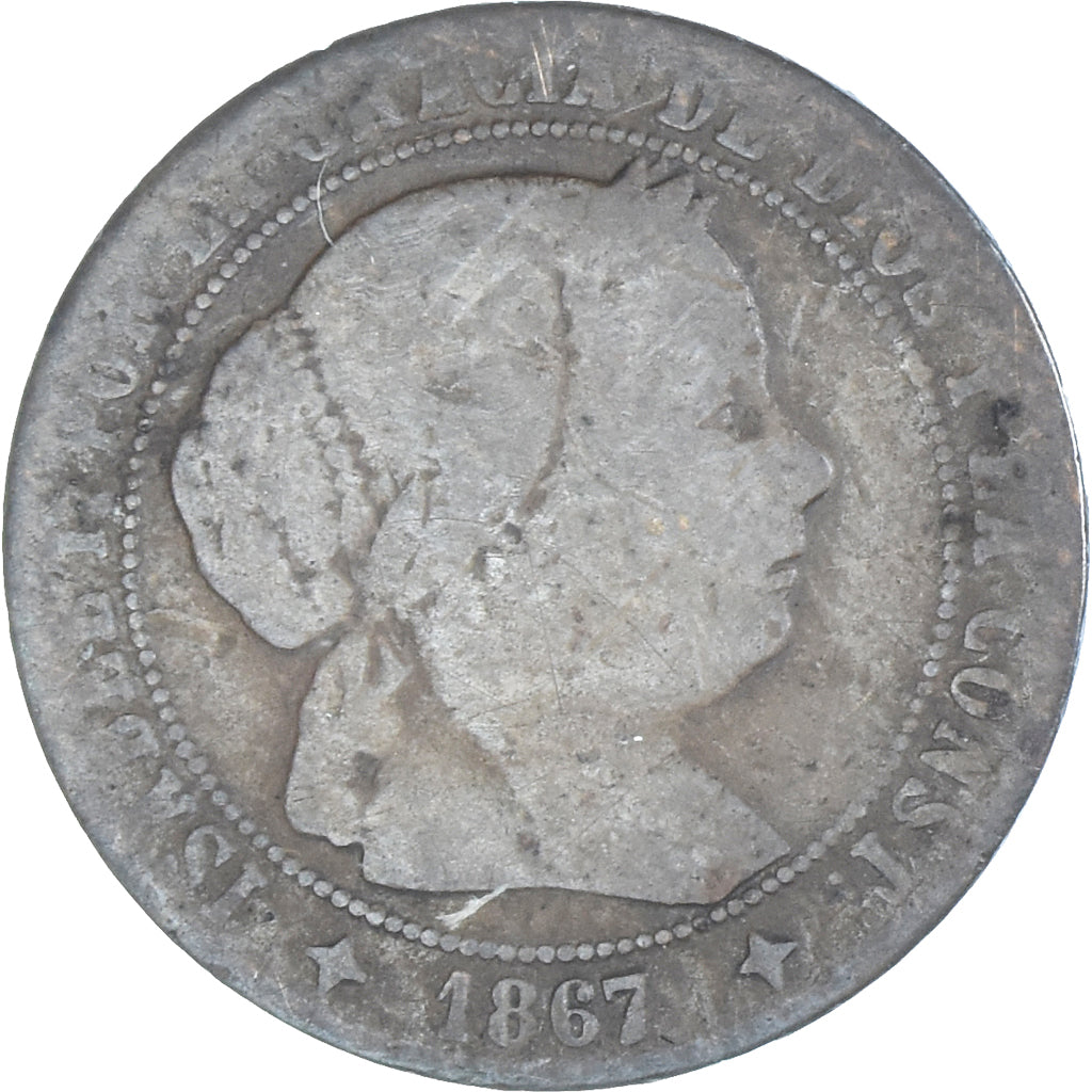 Moneda, España, Isabel II, 1/2 Centimo, 1867, Jubia, BC+, Cobre, KM:632.2