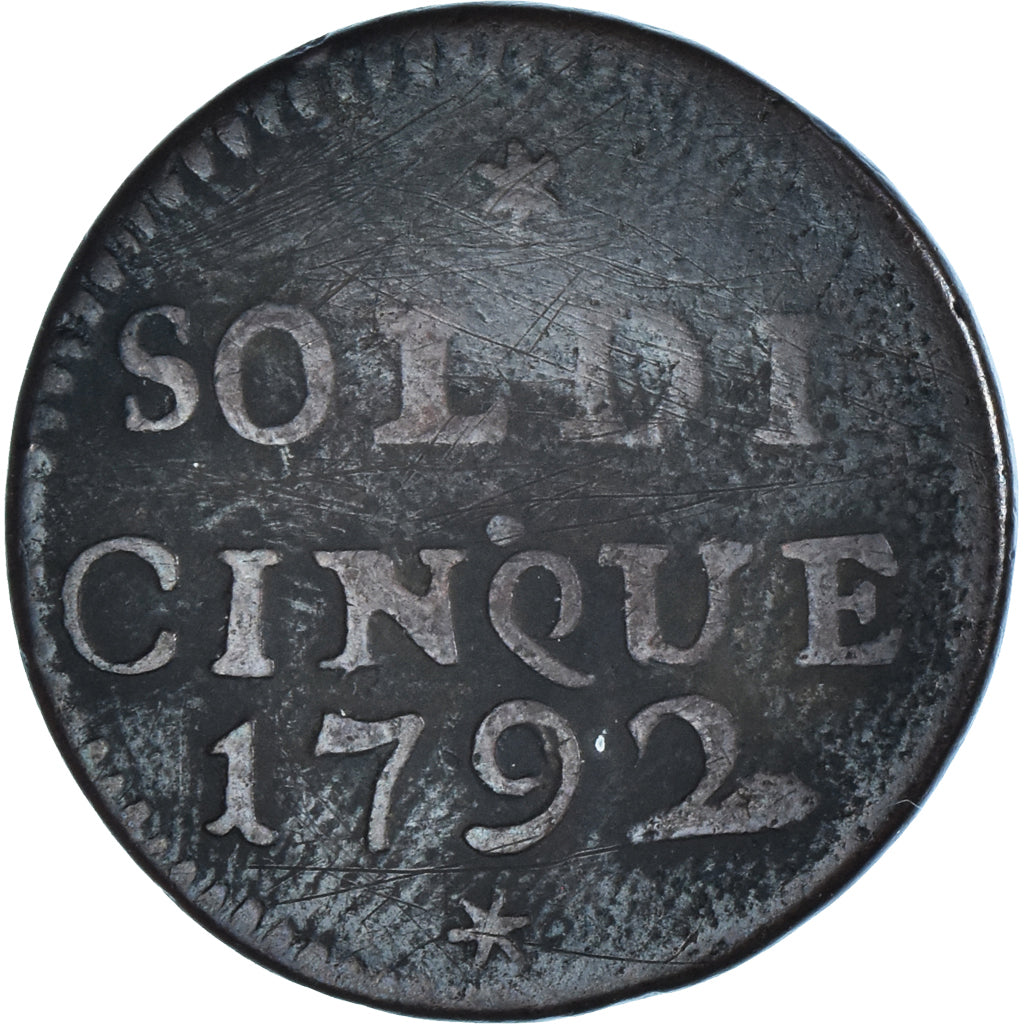 Monnaie, États italiens, GENOA, 5 Soldi, 1792, Gênes, TB+, Billon