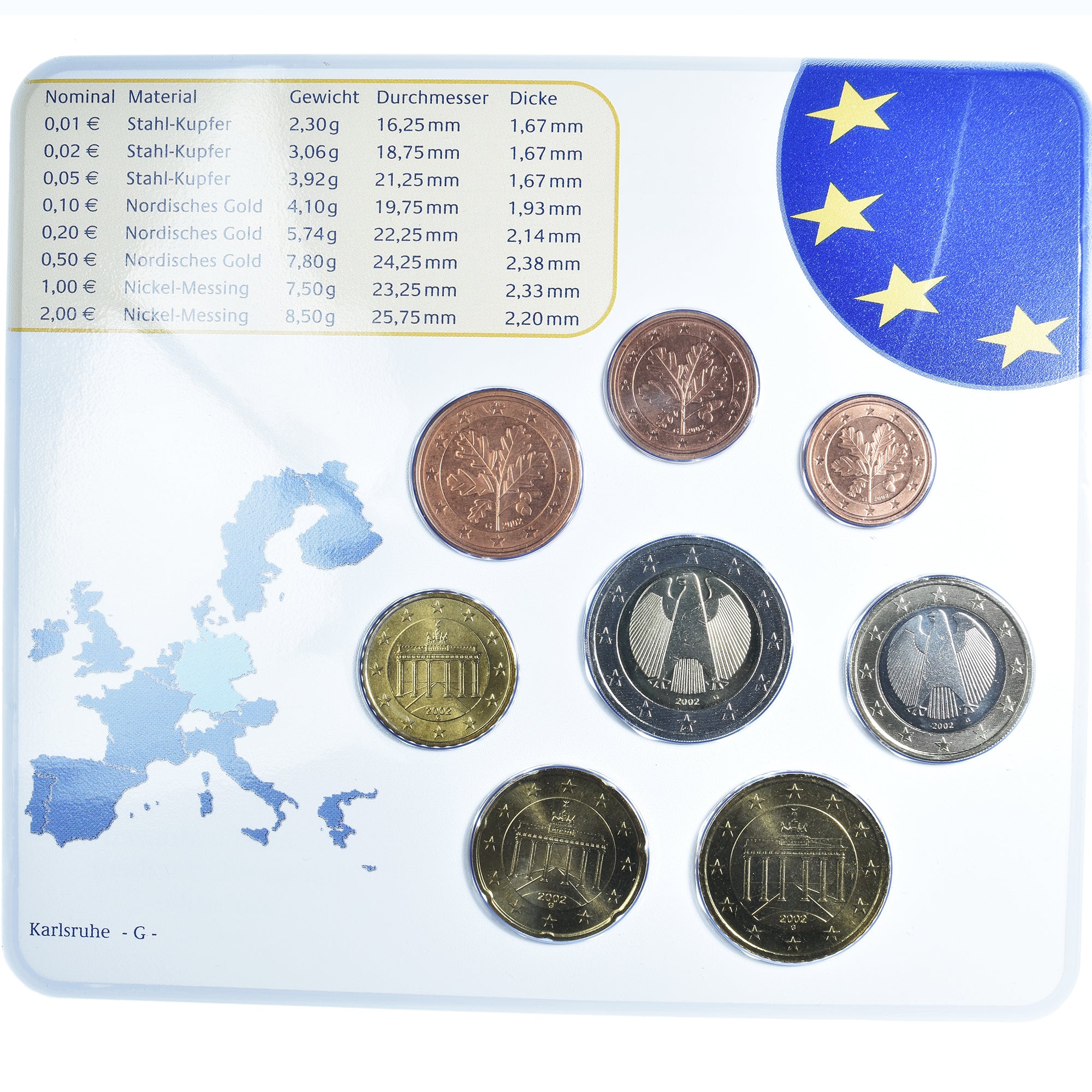 Germania, 1 Cent to 2 Euro, 2002, Karlsruhe, euro set, FDC, N.C.