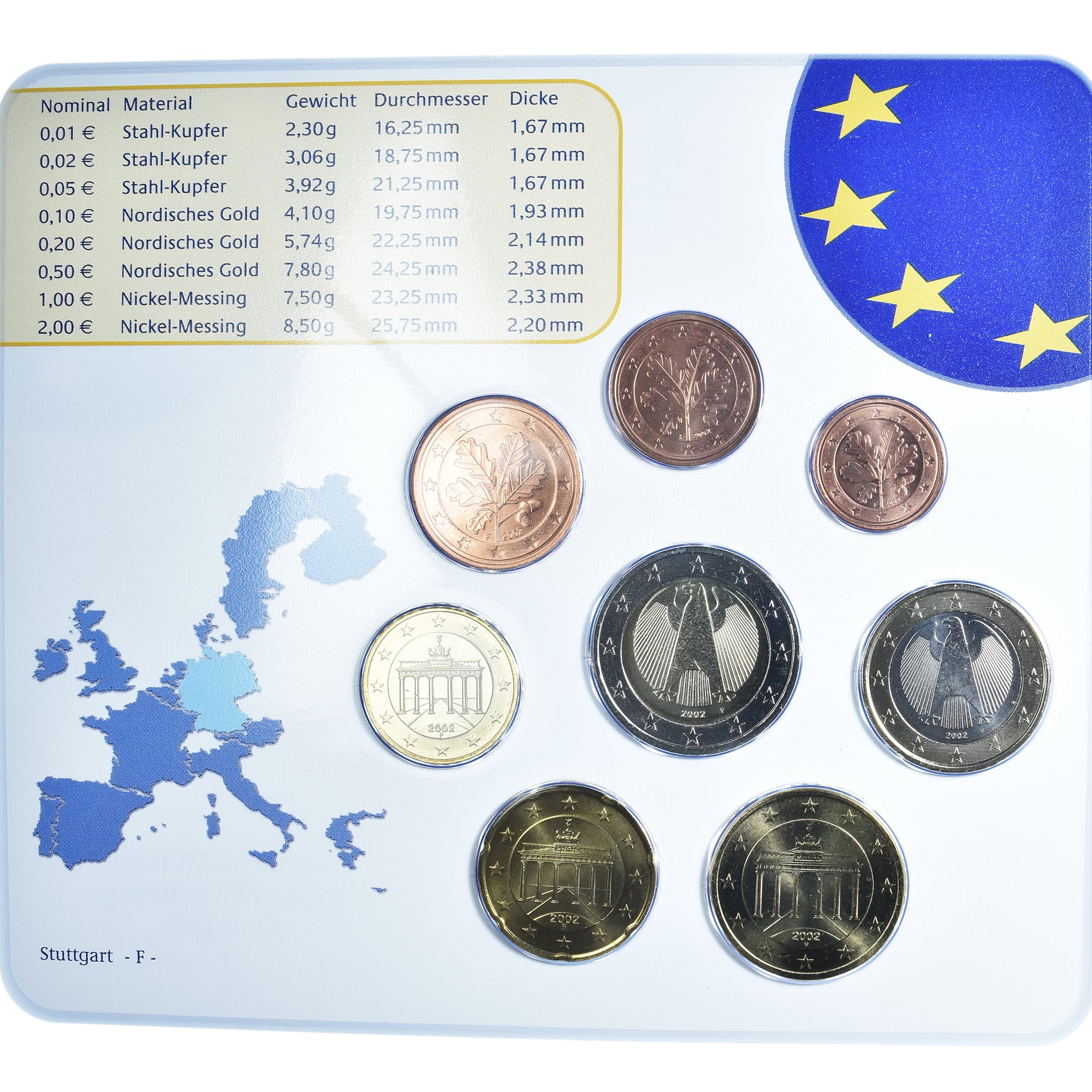 Germania, 1 Cent to 2 Euro, 2002, Stuttgart, euro set, FDC, N.C.