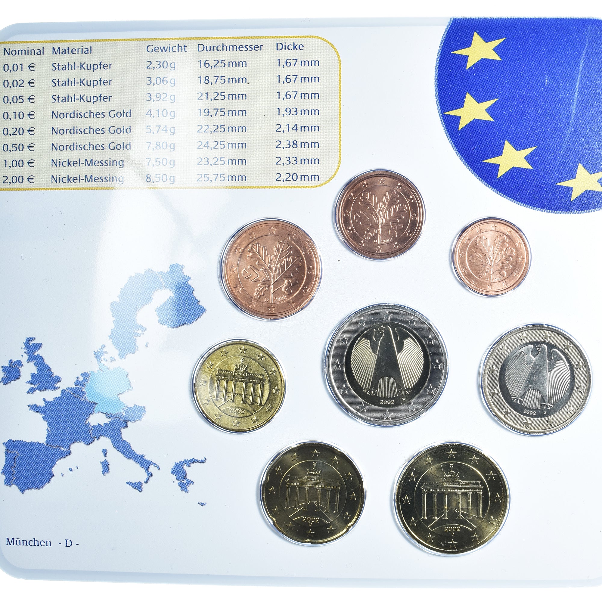 Allemagne, 1 Cent to 2 Euro, 2002, Munich, euro set, FDC