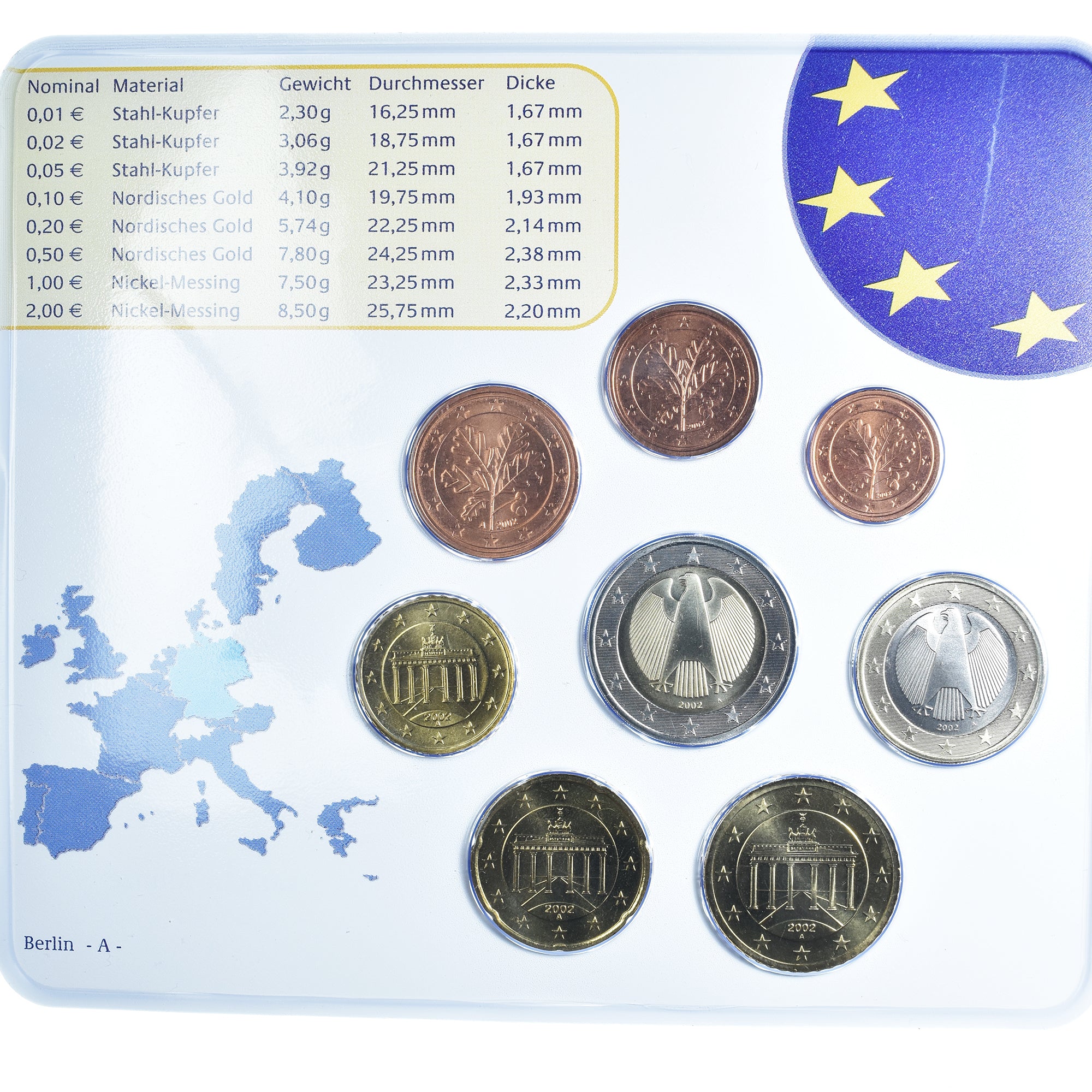 Allemagne, 1 Cent to 2 Euro, 2002, Berlin, euro set, FDC