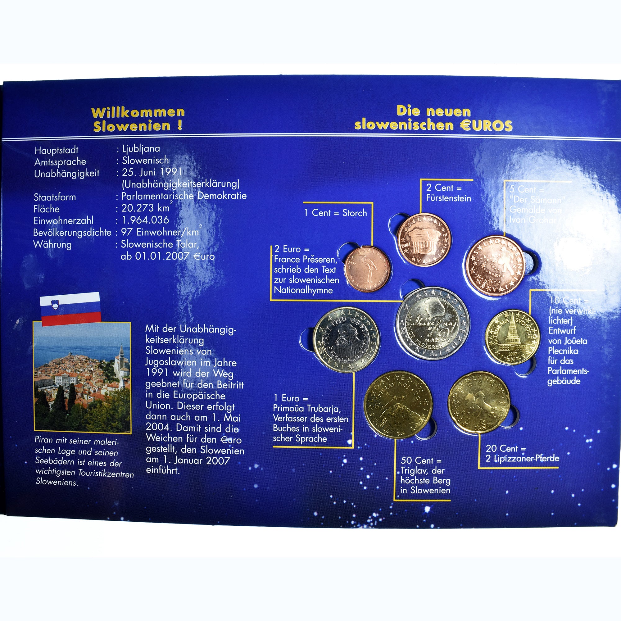 Słowenia, 1 Cent to 2 Euro, Euro start in Slovenia, 2007, euro set, MS(65-70)