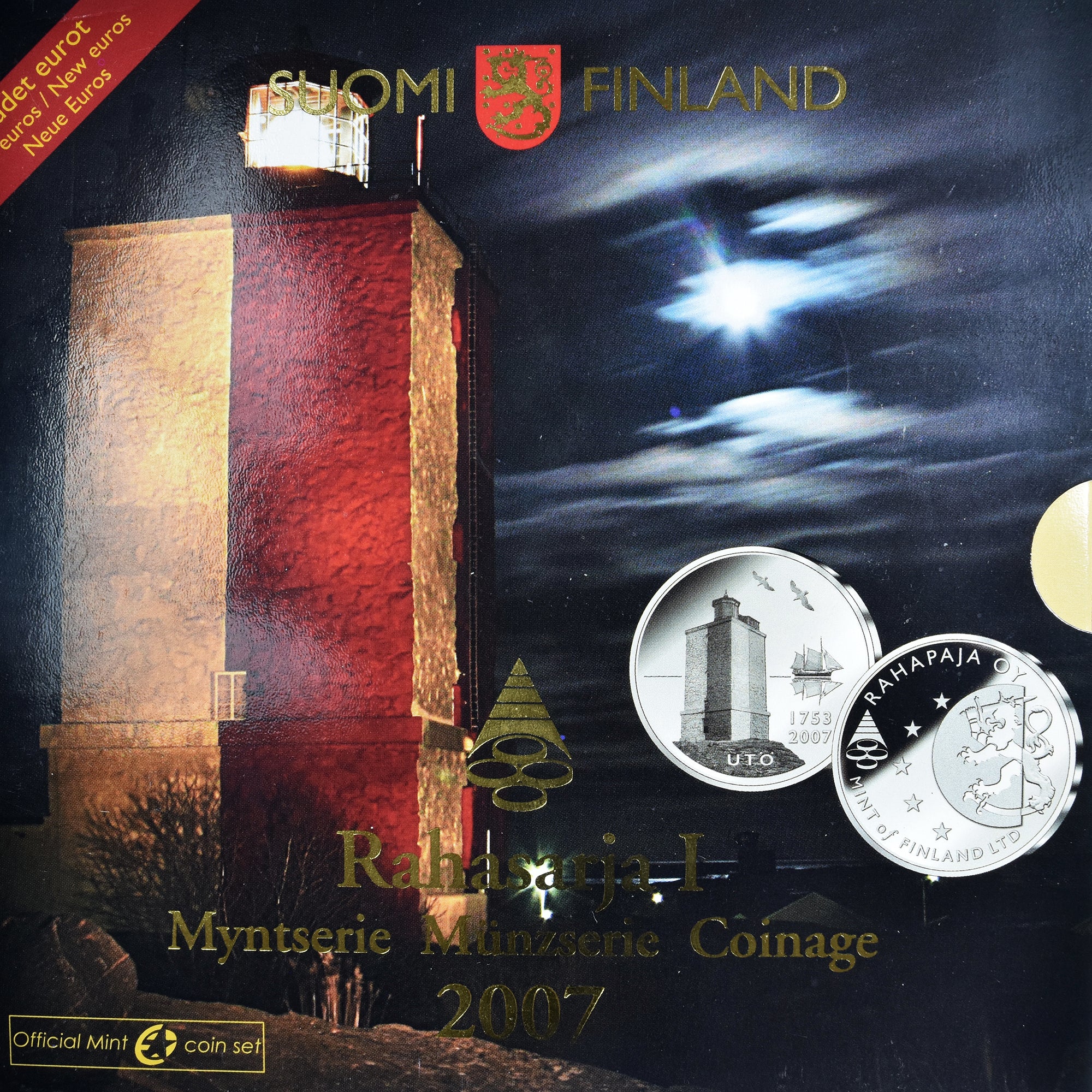 Finlândia, 1 Cent to 2 Euro, euro set - Utö lighthouse, 2007, Mint of Finland