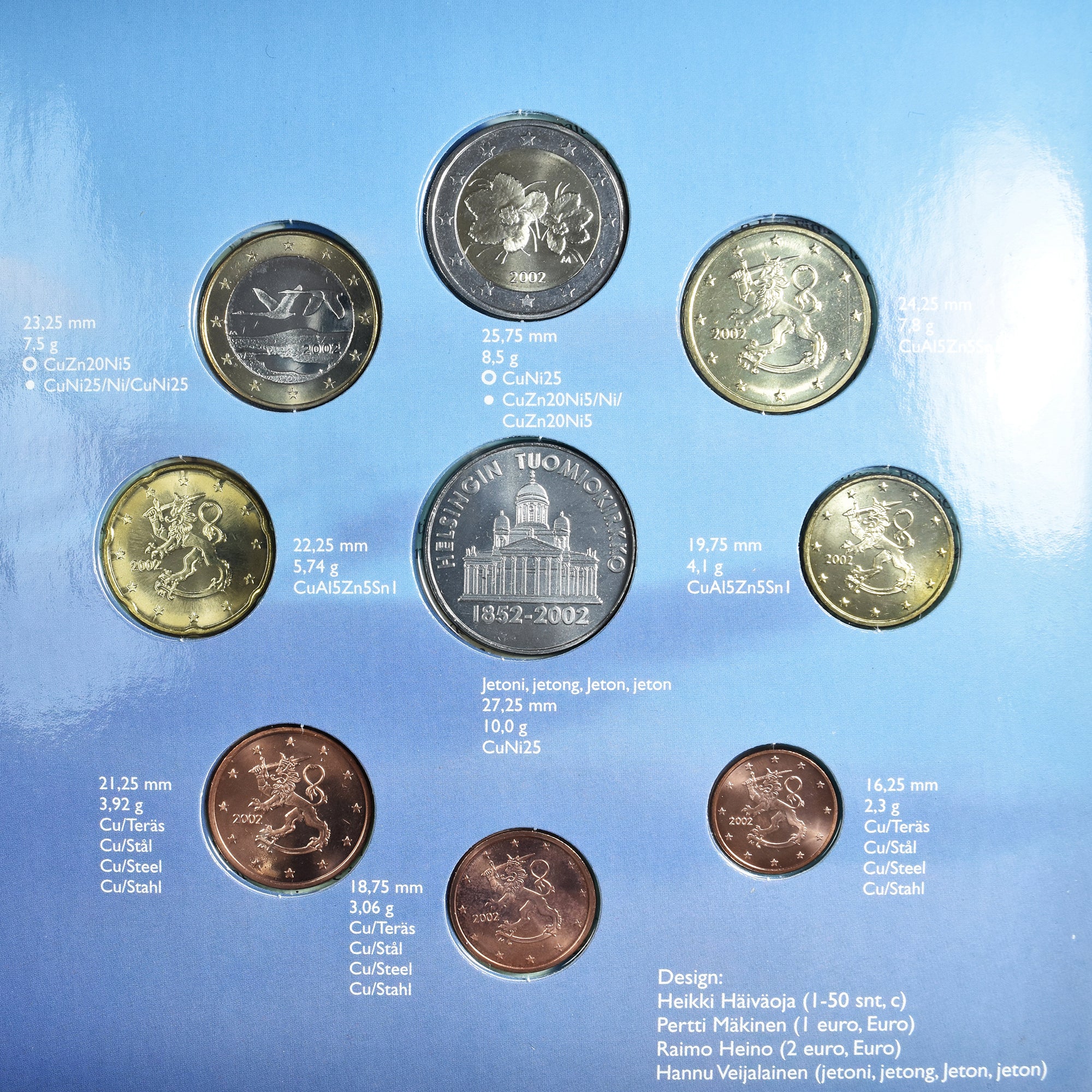 Finlande, 1 Cent to 2 Euro, euro set - Helsinki Cathedral, 2002, Mint of