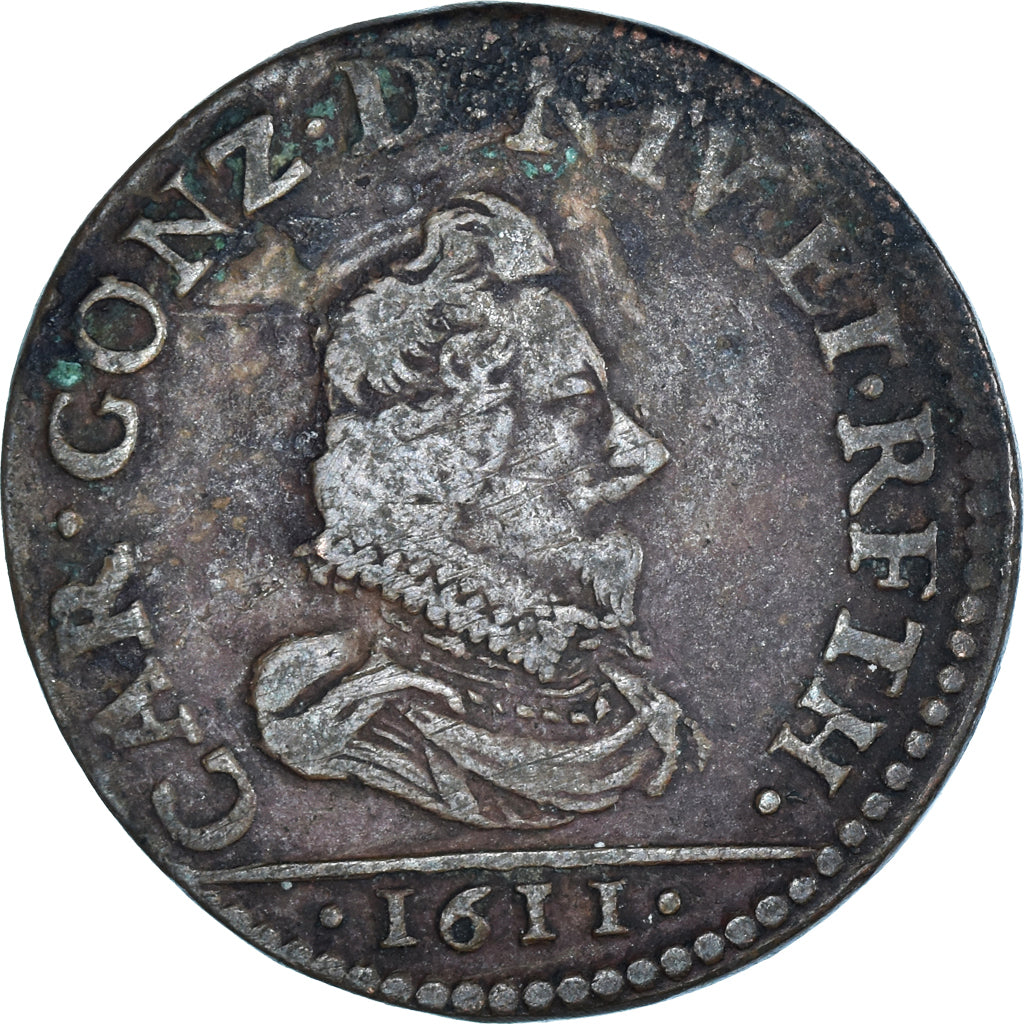 Monnaie, France, Charles de Gonzague, Liard, 1611, Charleville, TB+, Cuivre