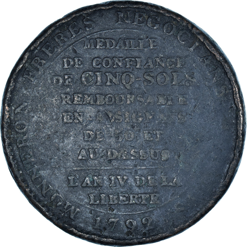 Moneda, Francia, Monneron, 5 Sols, 1792, Birmingham, BC+, Bronce, KM:Tn31