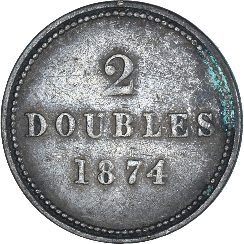 Moneta, Guernsey, 2 Doubles, 1874, Heaton, MB+, Bronzo, KM:9