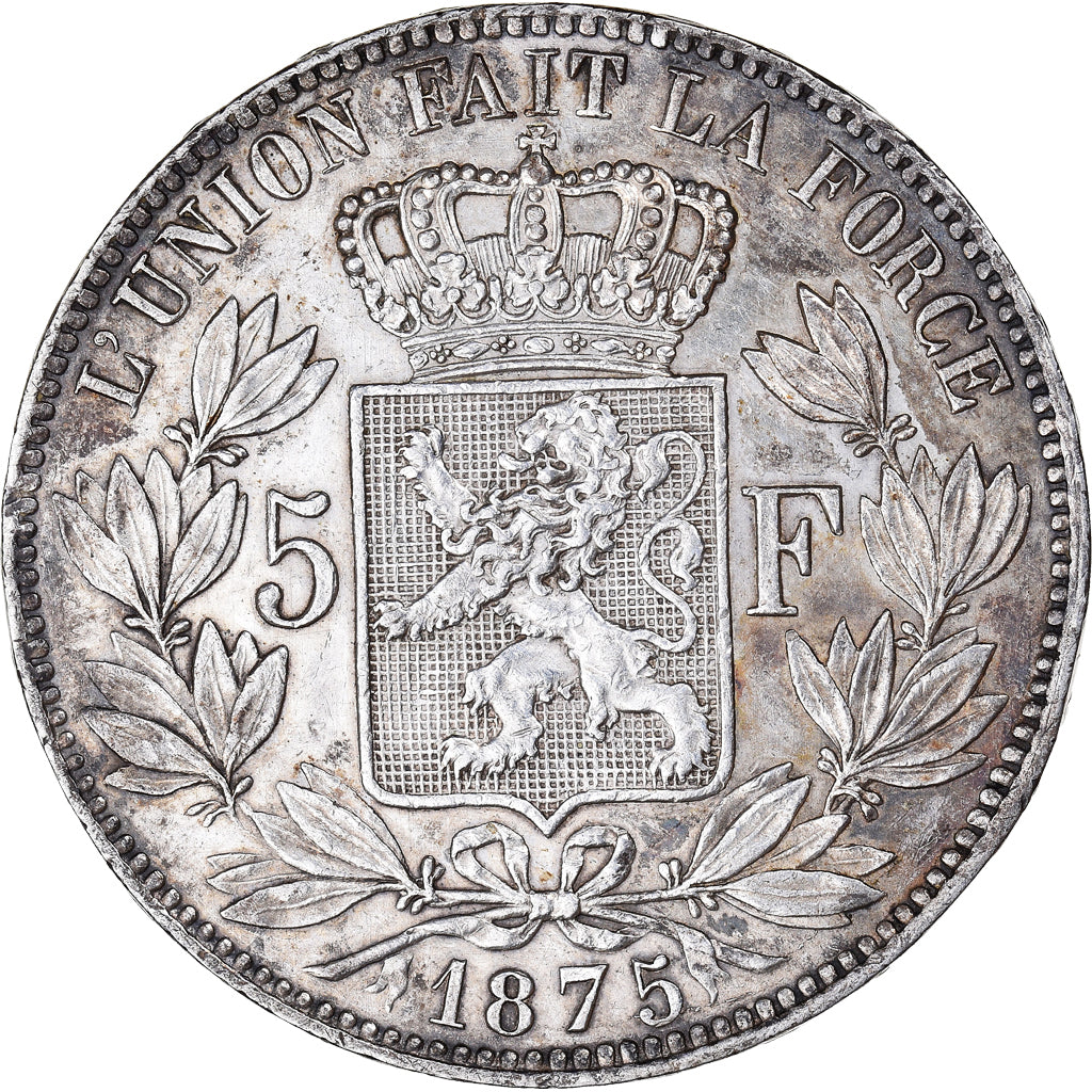 Moeda, Bélgica, Leopold II, 5 Francs, 5 Frank, 1875, Brussels, AU(50-53)