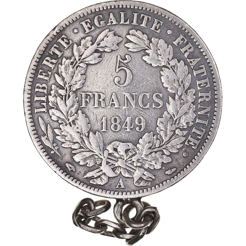 Moeda, França, Cérès, 5 Francs, 1849, Paris, avec bélière et chaine