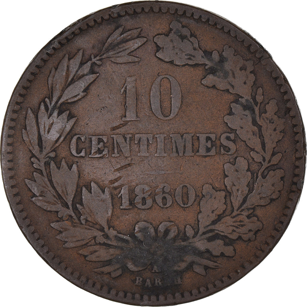 Moneta, Lussemburgo, William III, 10 Centimes, 1860, Paris, MB+, Bronzo, KM:23.2