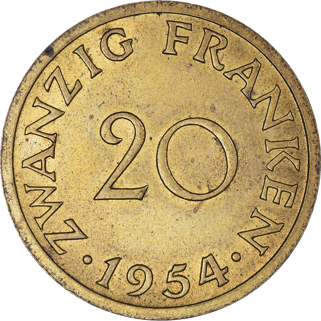 Coin, SAARLAND, 20 Franken, 1954, Paris, AU(55-58), Aluminum-Bronze, KM:2