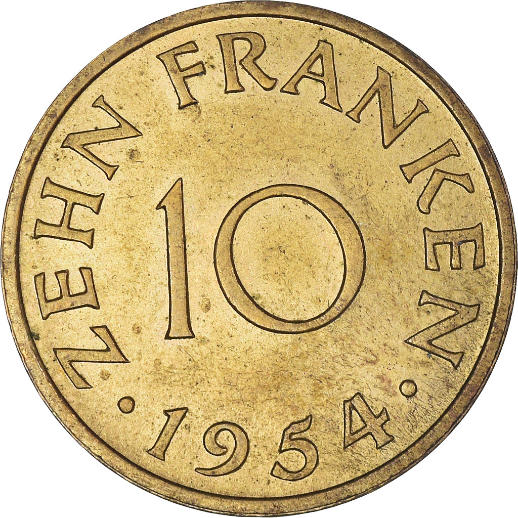 Coin, SAARLAND, 10 Franken, 1954, Paris, AU(55-58), Aluminum-Bronze, KM:1