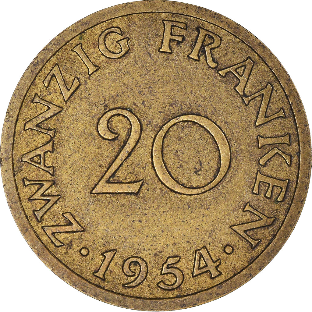 Moeda, SARRE, 20 Franken, 1954, Paris, EF(40-45), Alumínio-Bronze, KM:2