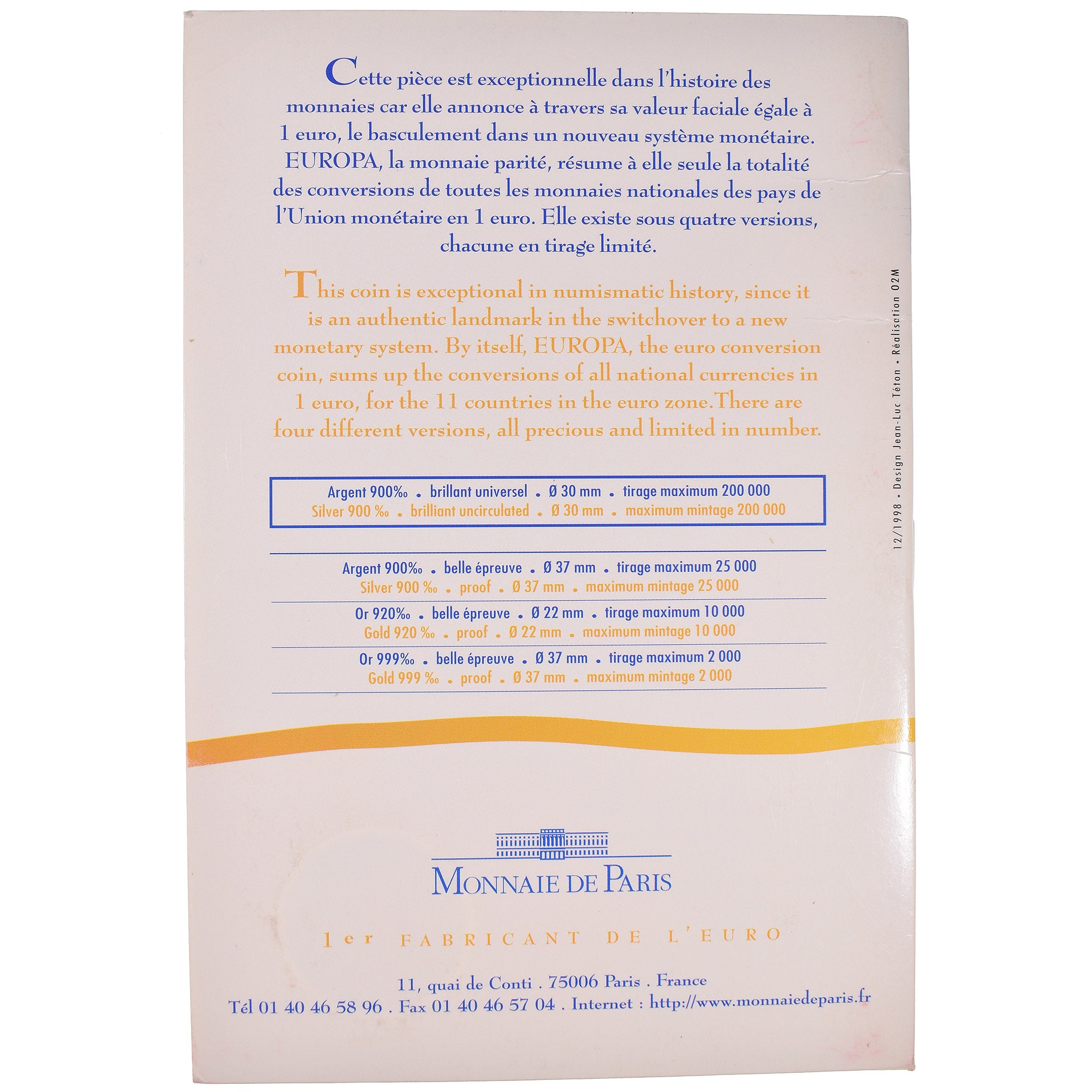 Monnaie, France, Europa - monnaie parité, 6.55957 Francs, 1999, Monnaie de