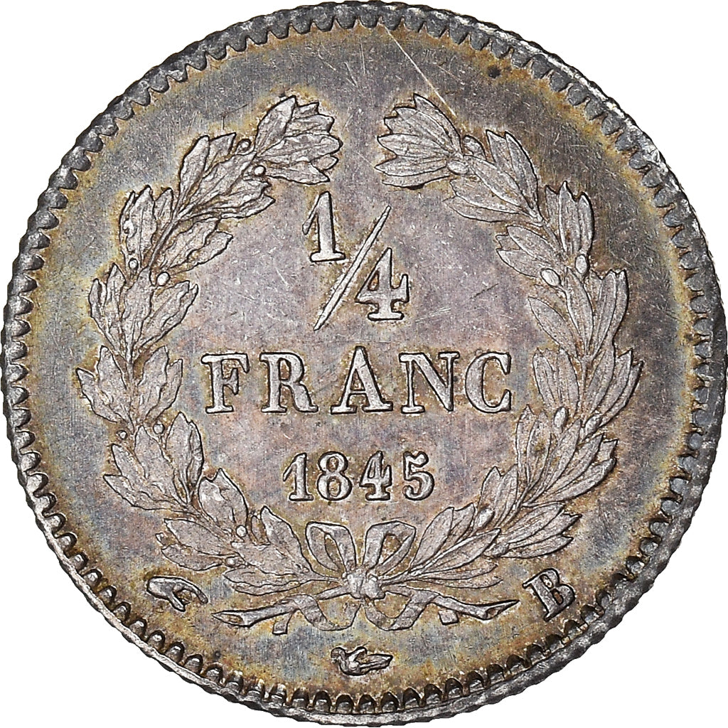 Moeda, França, Louis-Philippe I, 1/4 Franc, 1845, Rouen, MS(63), Prata