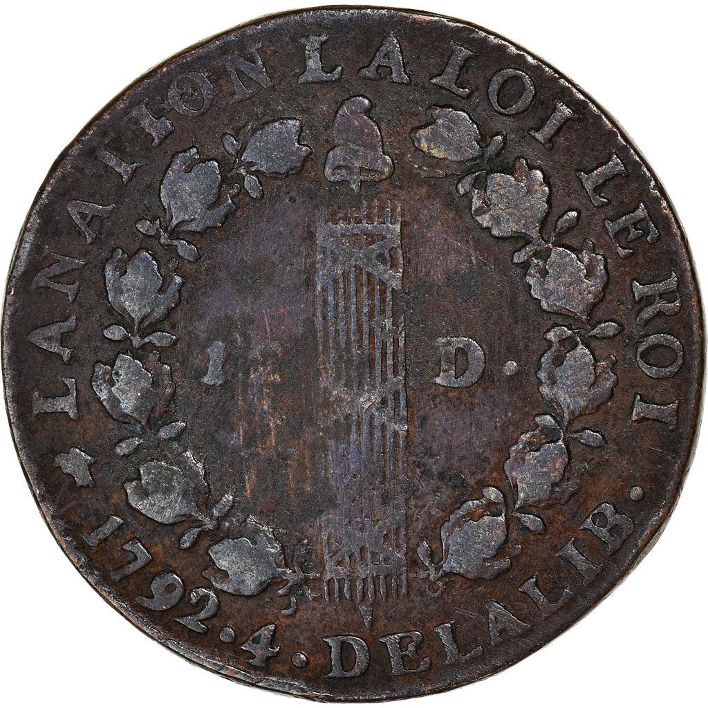 Moneta, Francia, Louis XVI, 12 Deniers, 1792⸱4, Lyon, BB, Bronzo, KM:600.5