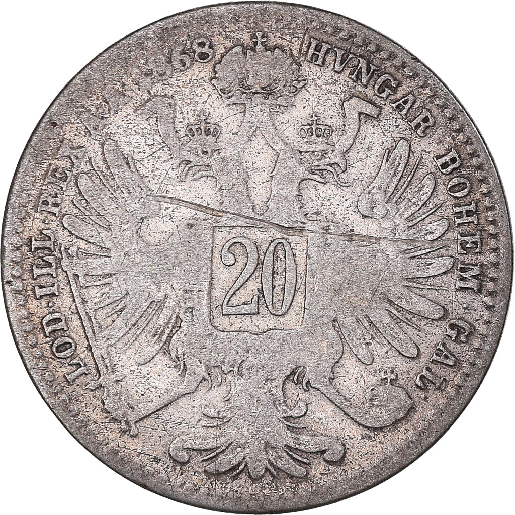 Moneta, Austria, Franz Joseph I, 20 Kreuzer, 1868, Vienna, VF(30-35), Srebro