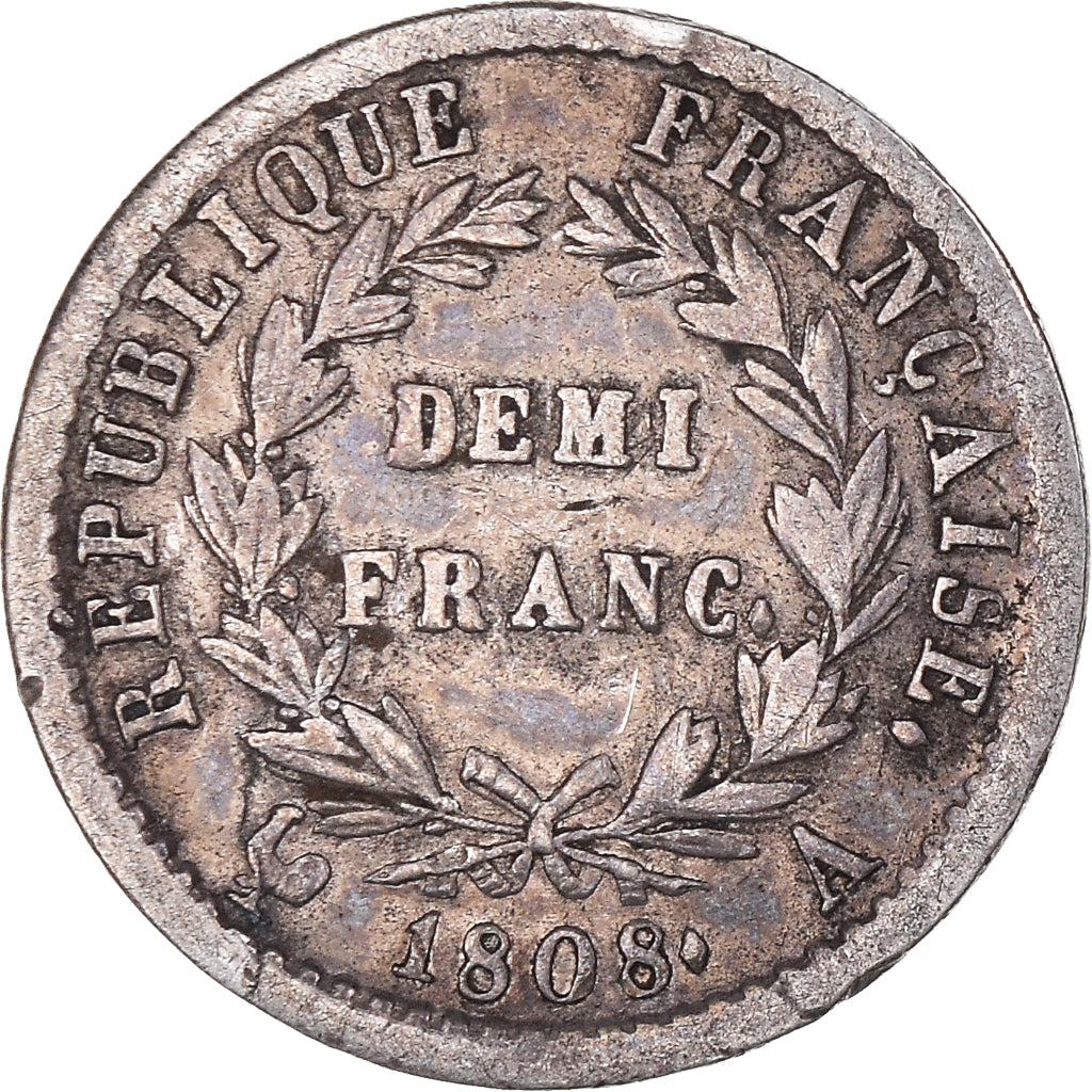 Moneta, Francja, Napoleon I, 1/2 Franc, 1808, Paris, VF(30-35), Srebro