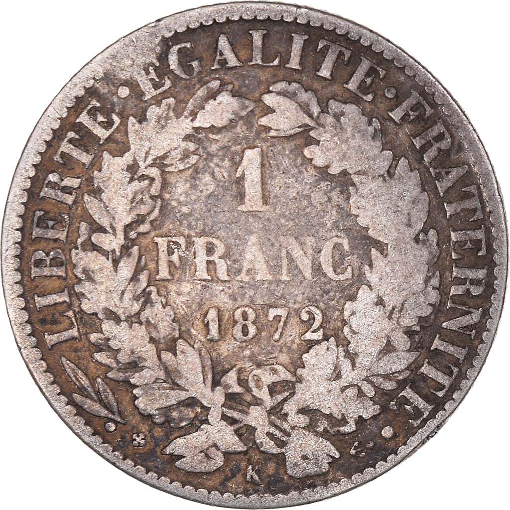 Moneta, Francja, Cérès, Franc, 1872, Bordeaux, VF(30-35), Srebro, KM:822.2