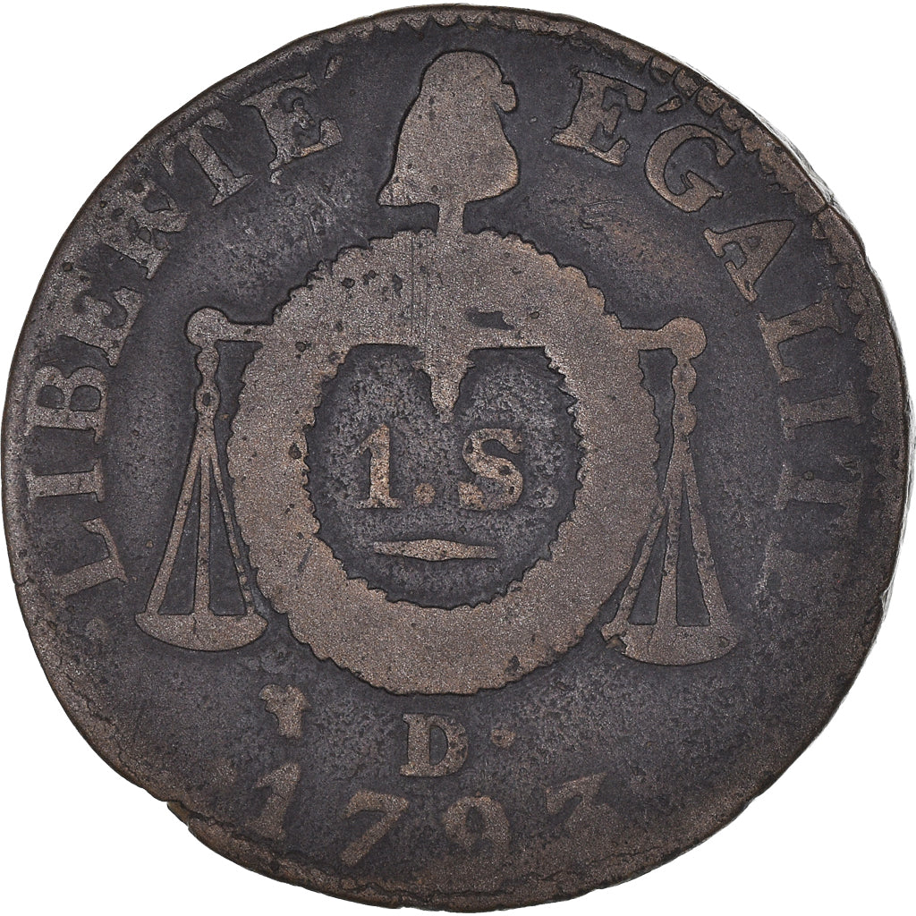 Moeda, França, Sol aux Balances, 1793 / AN II, Dijon, VF(20-25), Métal de