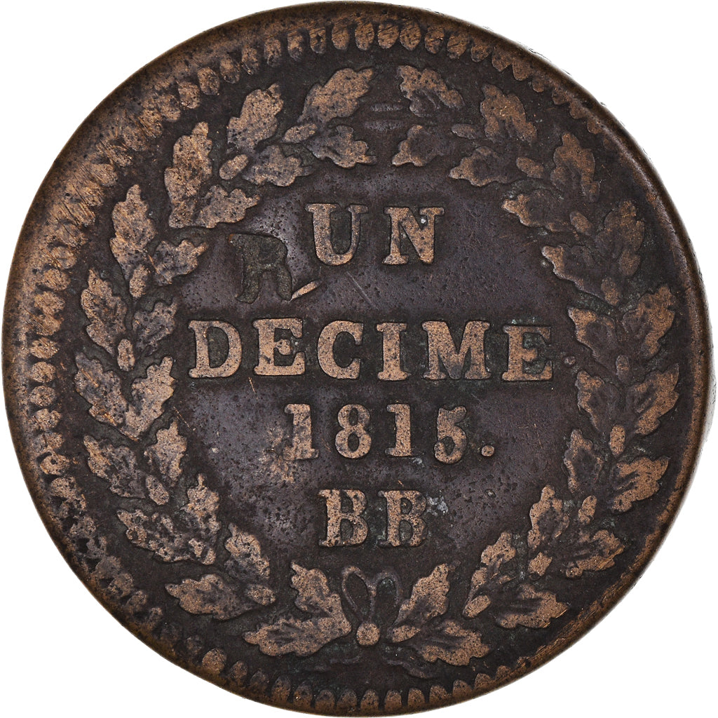 Moneta, Francja, Louis XVIII, Decime, 1815, Strasbourg, Przebicie, VF(30-35)