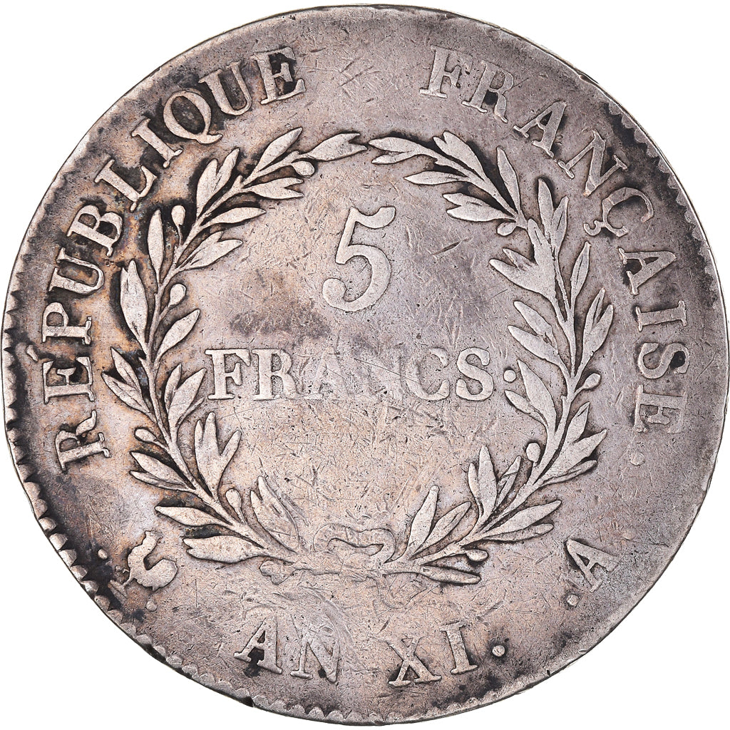 Munten, Frankrijk, Bonaparte Premier Consul, 5 Francs, An XI, Paris, FR+