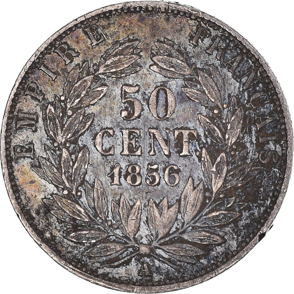 Moneda, Francia, Napoleon III, 50 Centimes, 1856, Paris, BC+, Plata, KM:794.1