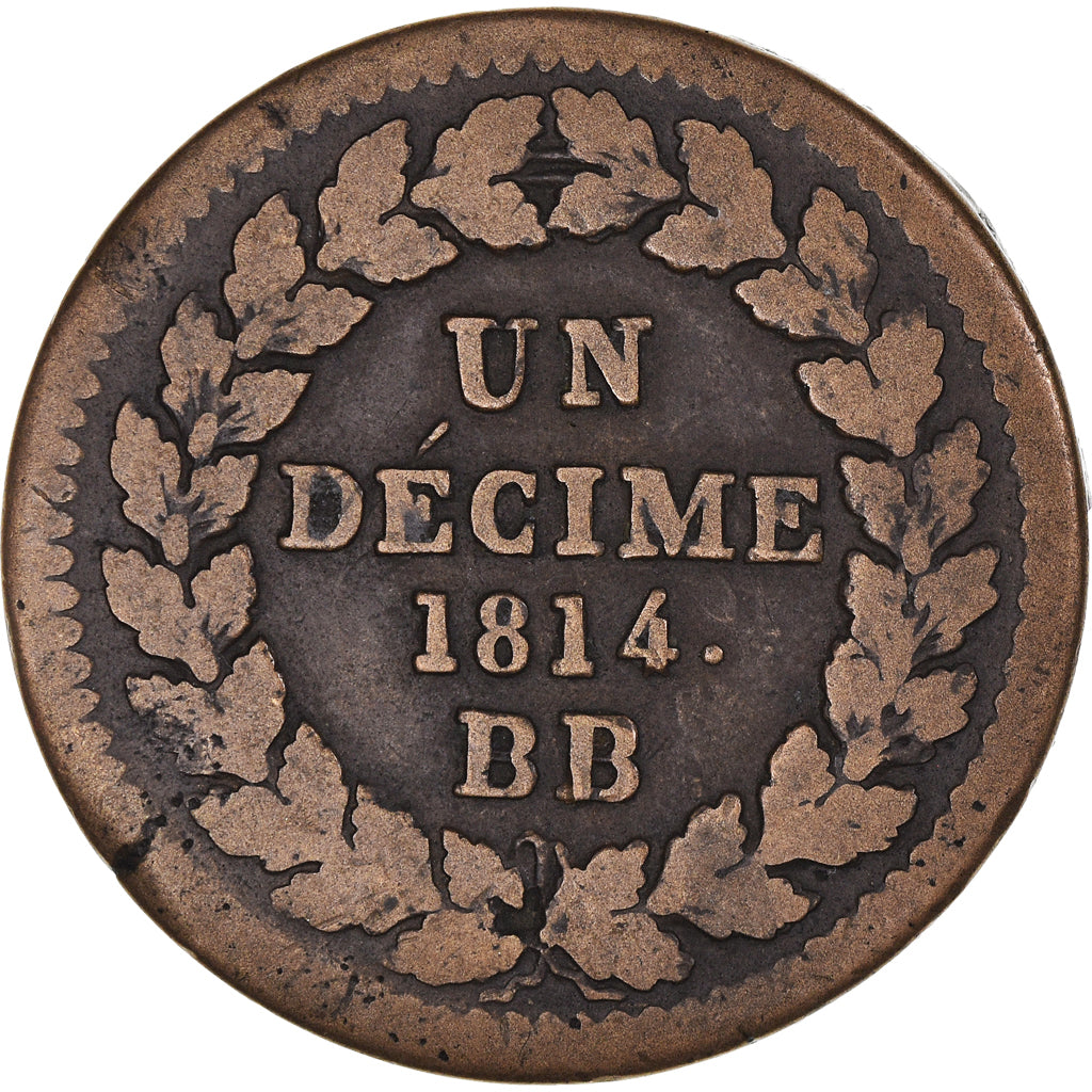 Munten, Frankrijk, Napoleon I, Decime, 1814., Strasbourg, FR+, Bronzen, KM:700