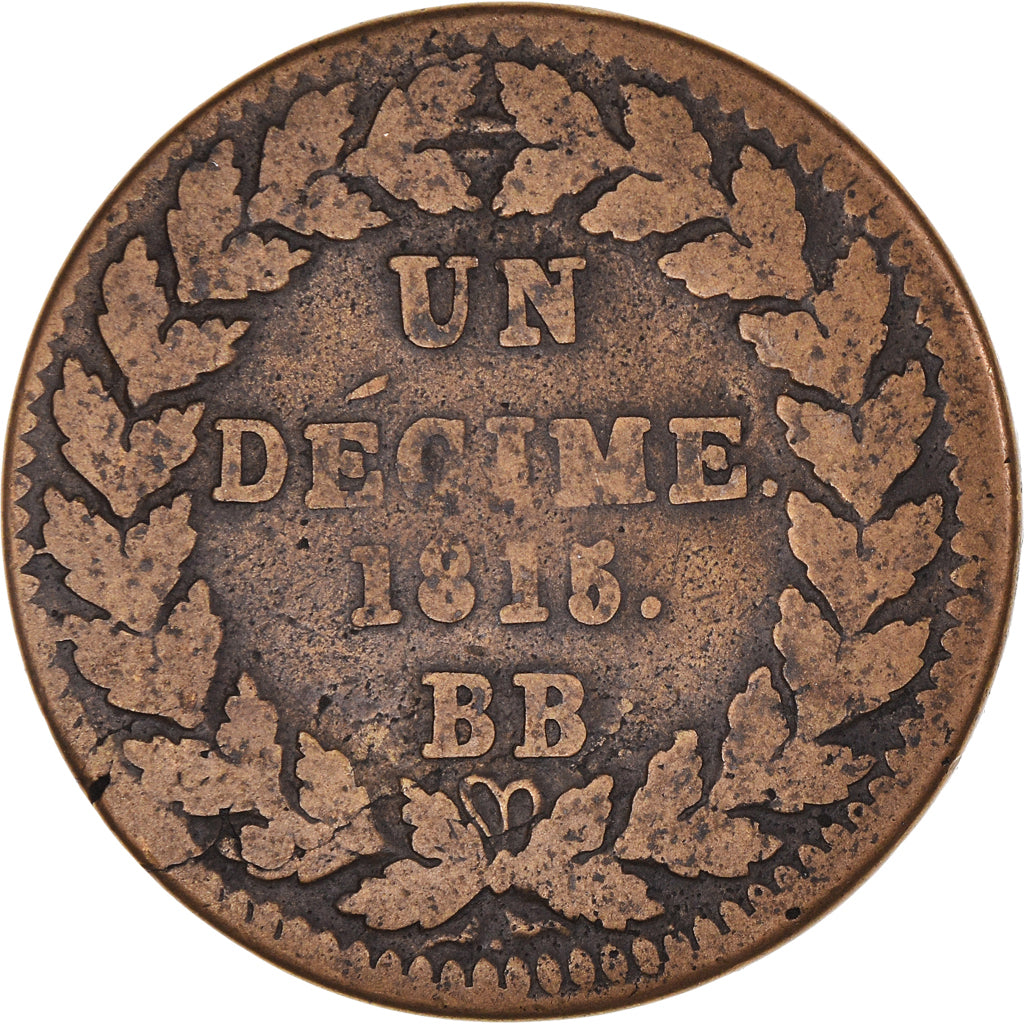 Moneda, Francia, Louis XVIII, Décime., 1815., Strasbourg, BC+, Bronce, KM:701