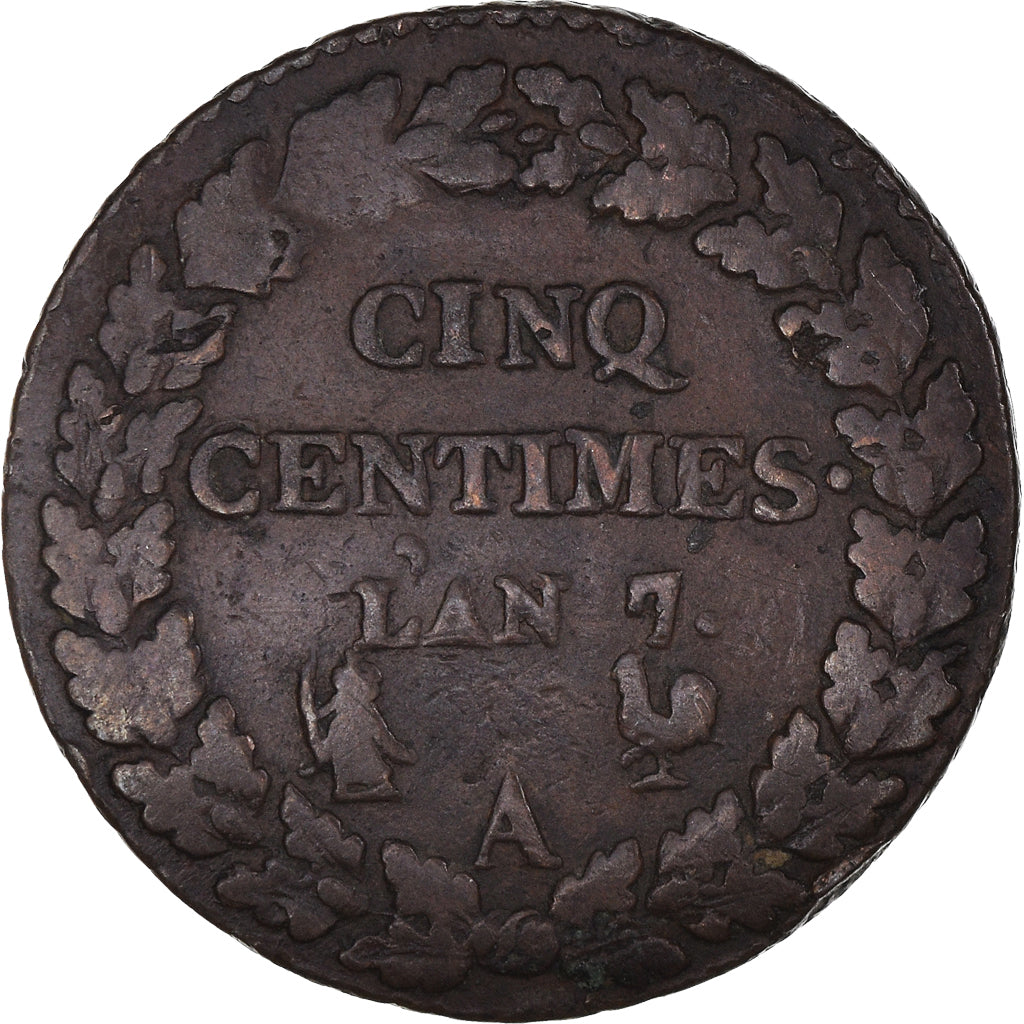 Münze, Frankreich, Dupré, 5 Centimes, AN 7, Paris, S+, Bronze, KM:642.1