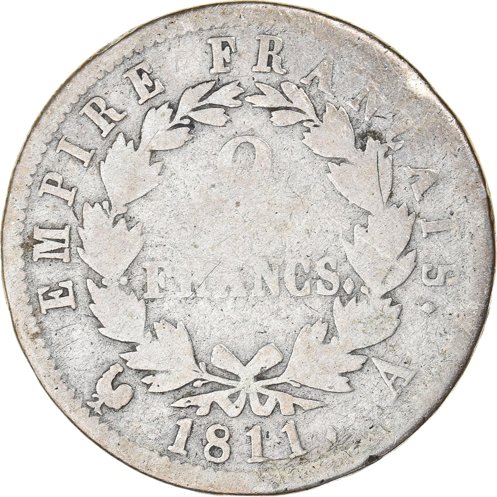 Moneda, Francia, Napoleon I, 2 Francs, 1811, Paris, BC, Plata, KM:693.1