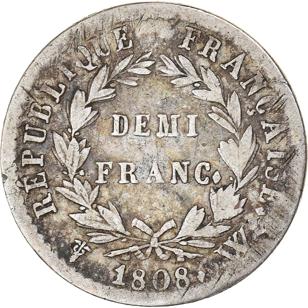 Moneda, Francia, Napoleon I, 1/2 Franc, 1808, Lille, BC+, Plata, KM:680.14