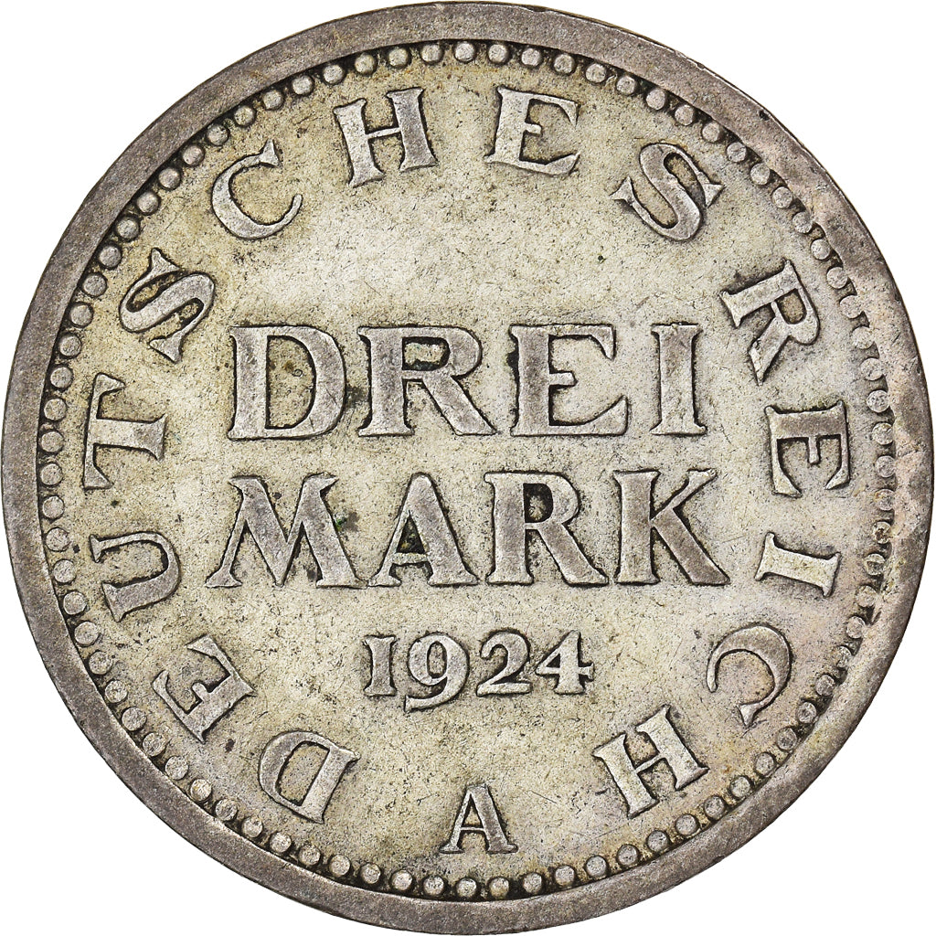 Coin, GERMANY, WEIMAR REPUBLIC, 3 Mark, 1924, Berlin, EF(40-45), Silver, KM:43