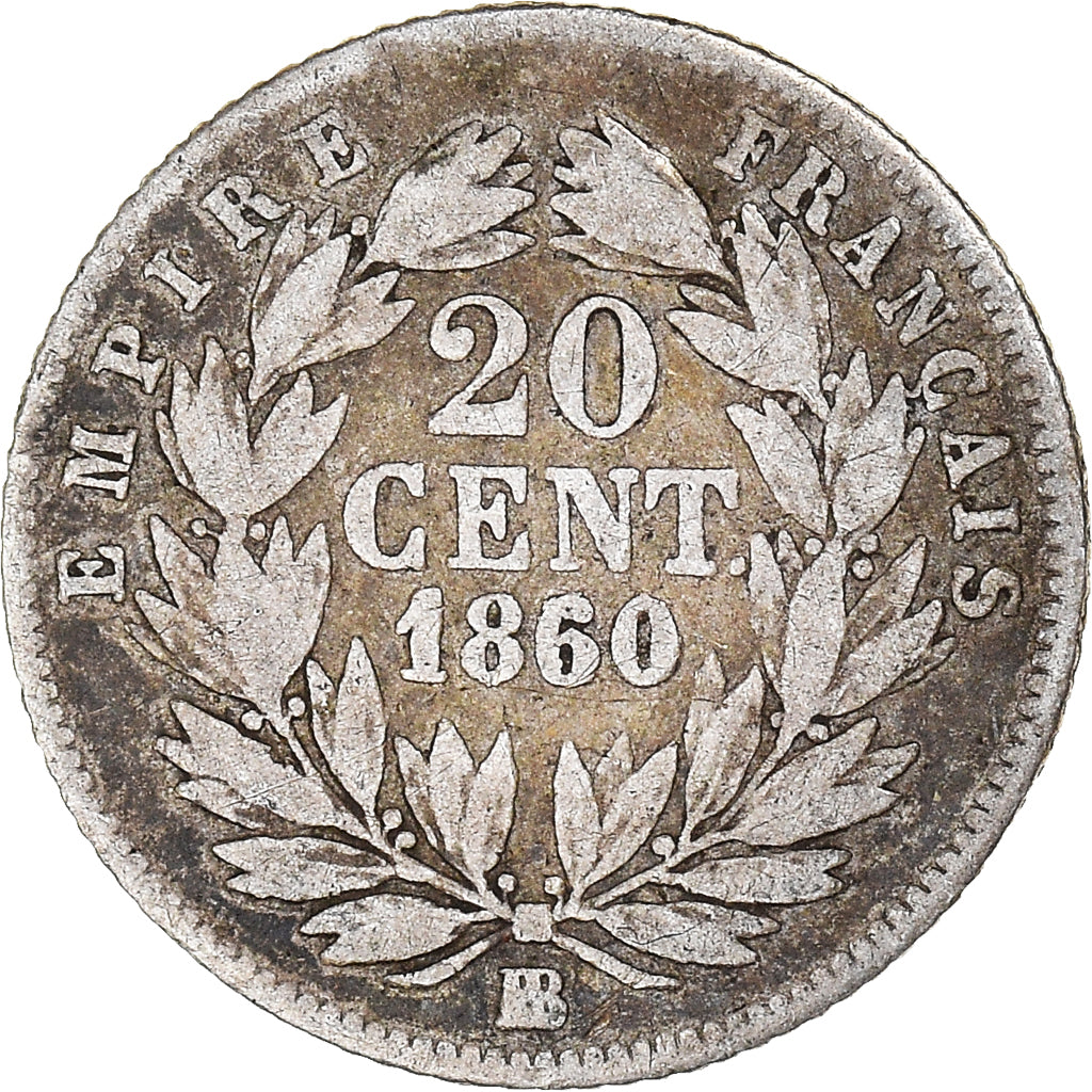 Moneta, Francia, Napoleon III, 20 Centimes, 1860, Strasbourg, 6/5, MB+, Argento