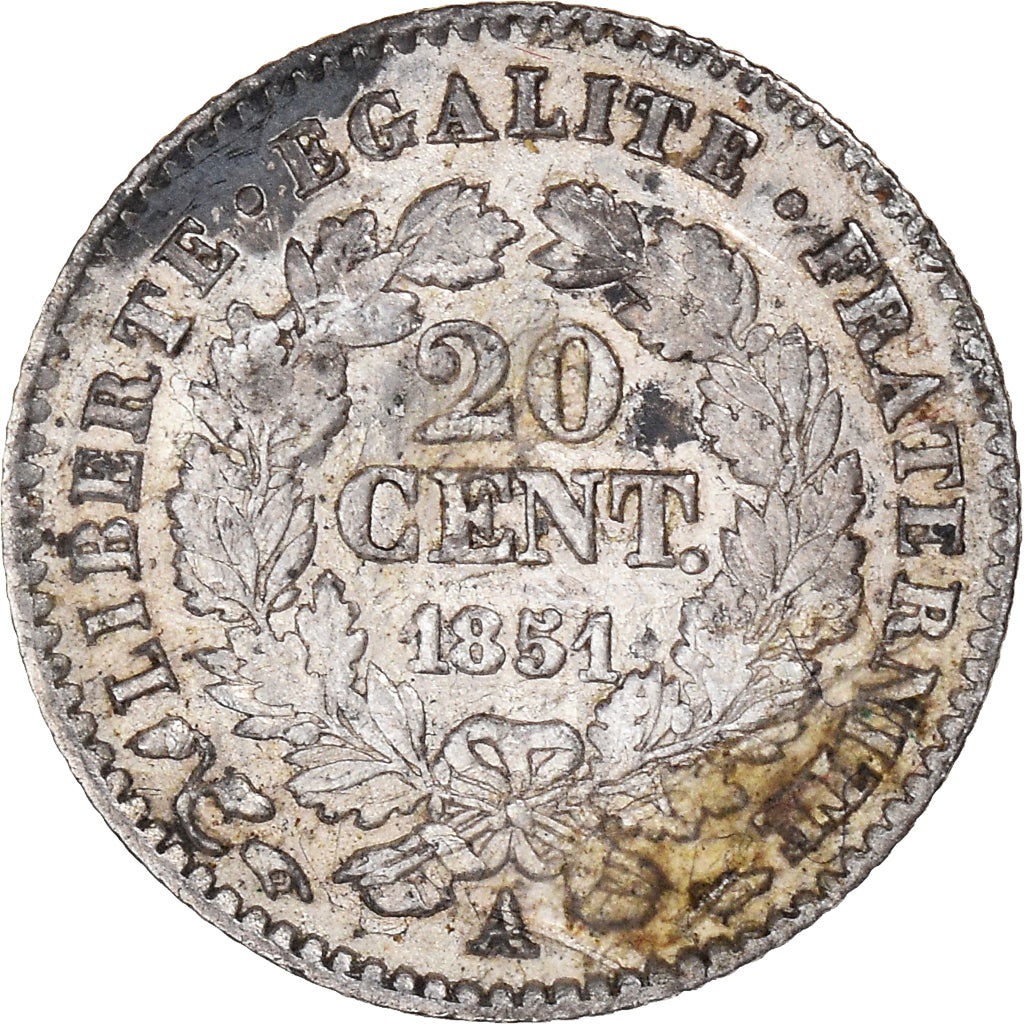 Moneta, Francia, Cérès, 20 Centimes, 1851, Paris, MB+, Argento, KM:758.1