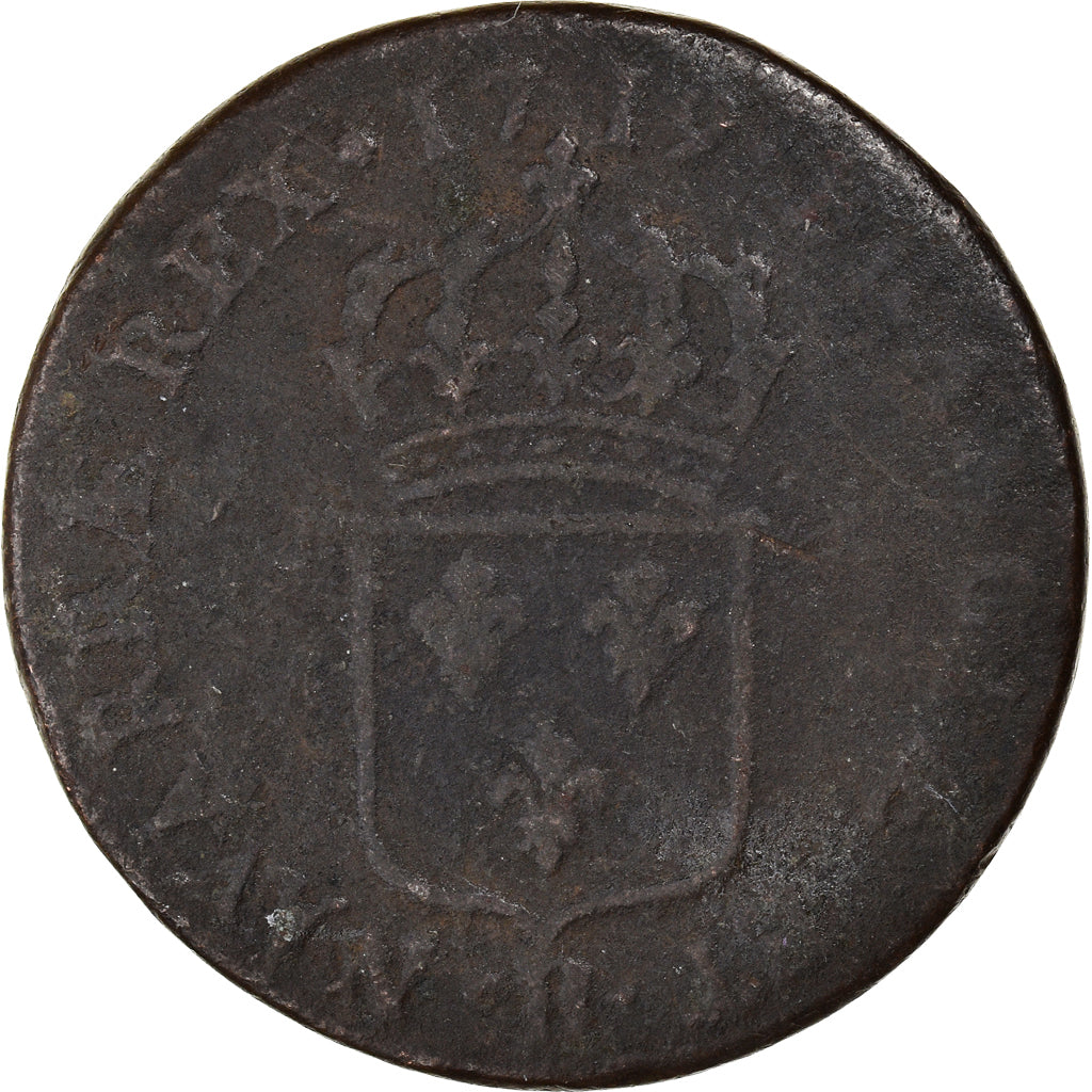 Moeda, França, Louis XV, Sol au buste enfantin, 1719, Rouen, VF(30-35), Cobre