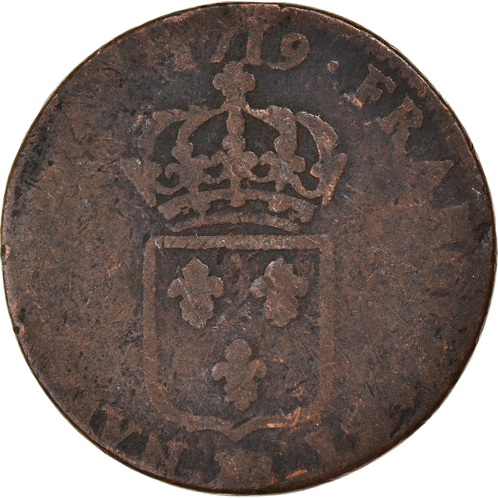 Munten, Frankrijk, Louis XV, Sol au buste enfantin, 1719, Strasbourg, FR, Koper