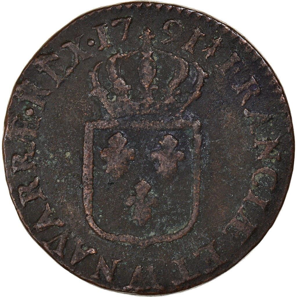 Coin, France, Louis XVI, Sol, 1791, Metz, VF(30-35), Copper, KM:602.1