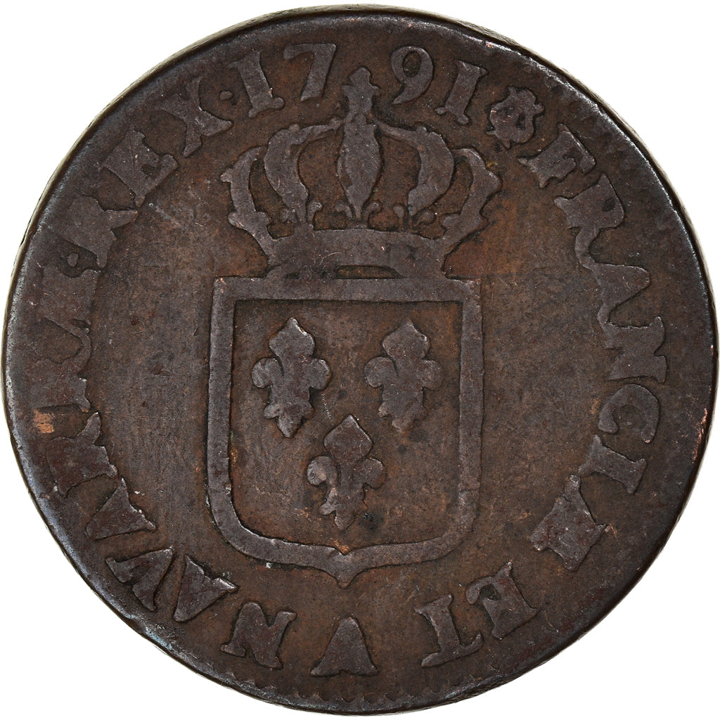 Coin, France, Louis XVI, Sol, 1791, Paris, VF(30-35), Copper, KM:578.1