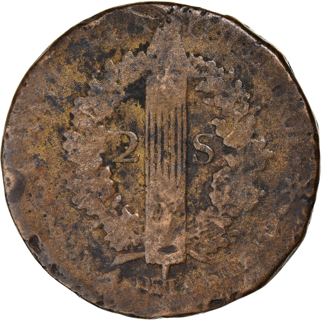 Coin, France, Louis XVI, 2 Sols, 1792 / AN 4, Strasbourg, VF(20-25), Bronze