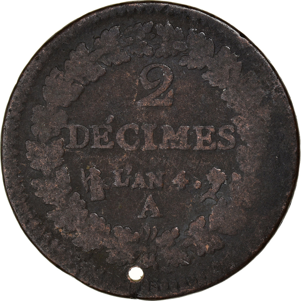 Moneta, Francia, Dupré, 2 Décimes, AN 4, Paris, Holed, MB, Bronzo, KM:638.1