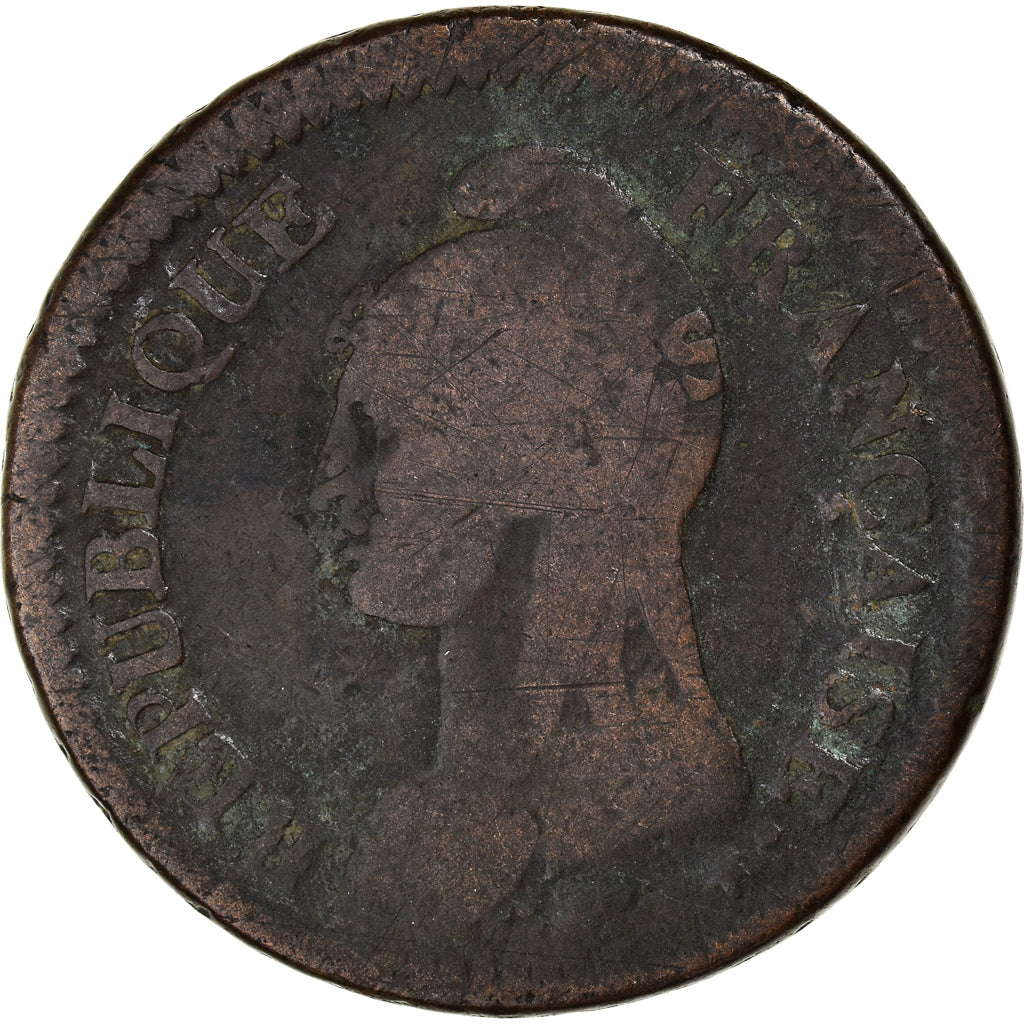 Moneta, Francia, Dupré, Decime, Surfrappe du 2 Décimes, MB, Rame, Gadoury:185