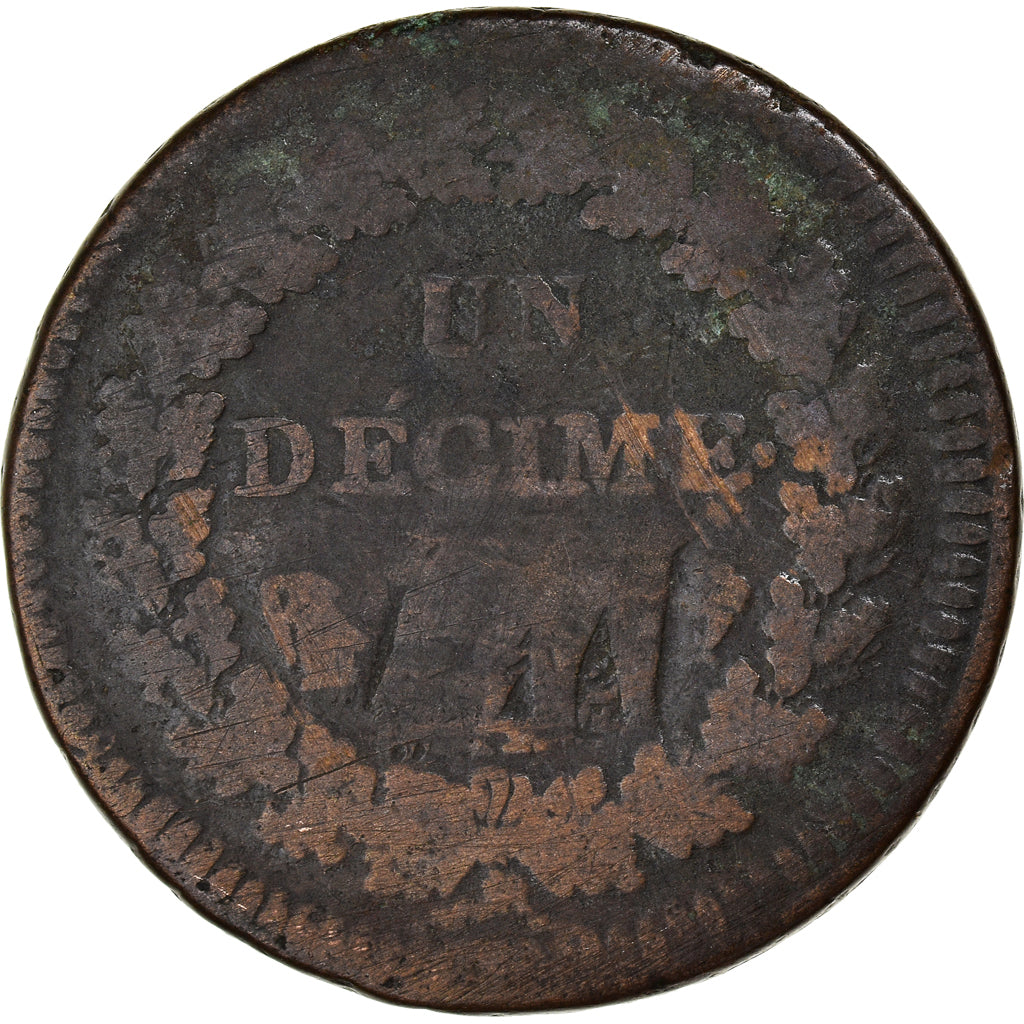 Moneta, Francia, Dupré, Decime, Surfrappe du 2 Décimes, MB, Rame, Gadoury:185