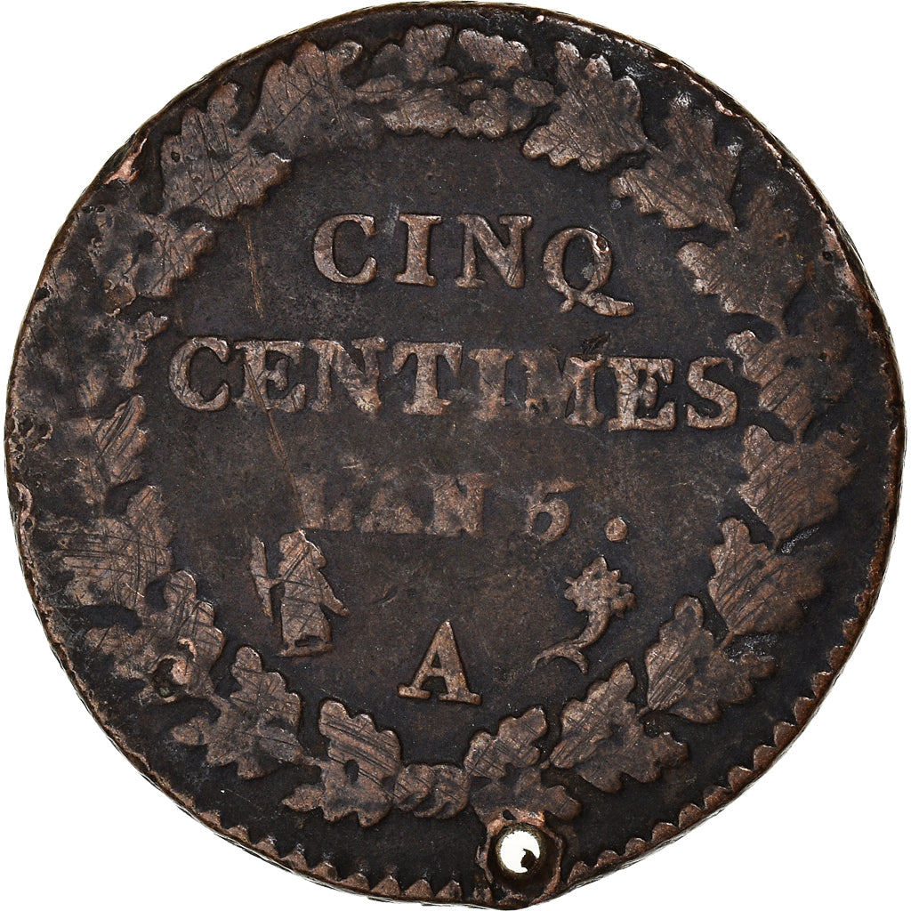 Münze, Frankreich, Dupré, 5 Centimes, AN 5, Paris, Holed, S+, Bronze