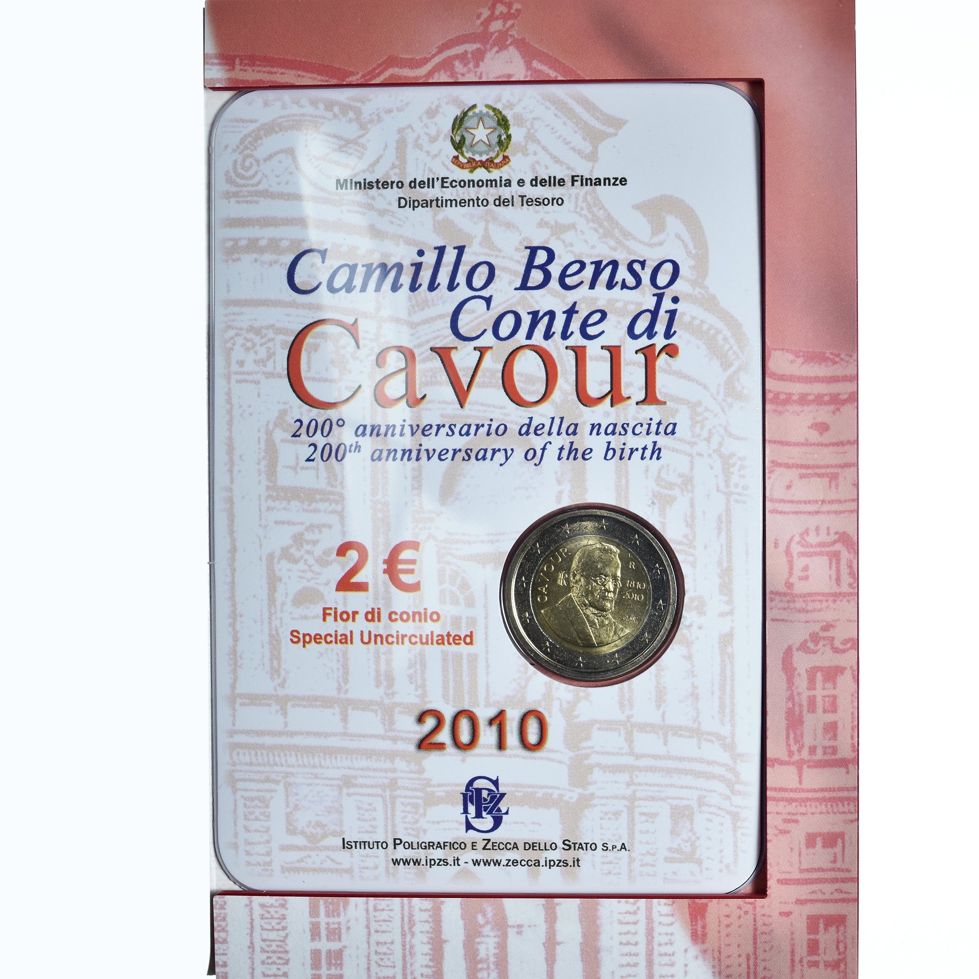 Italia, 2 Euro, Camillo Benso comte di Cavour, 2010, Rome, Special Unc., FDC